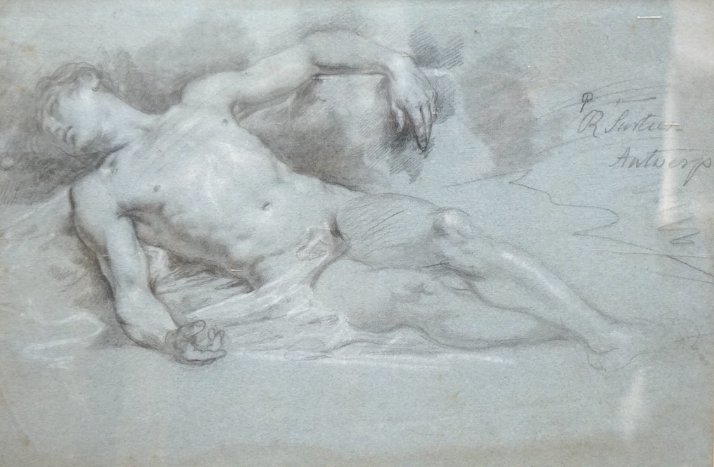 Attributed to Robert Surtees (1737-1802), Reclining male figure, chalk and charcoal on paper, signed and inscribed Antwerp, 30 x 44cm